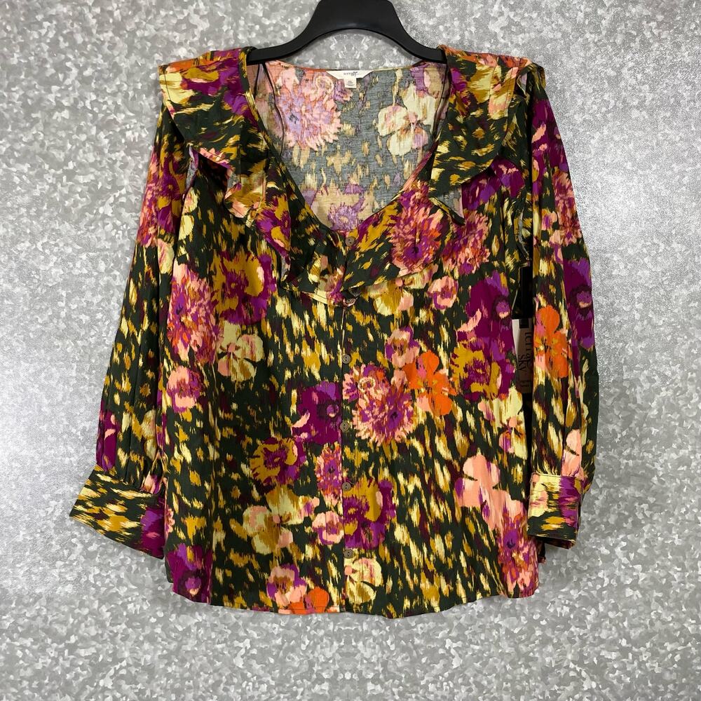 Terra & Sky NWT Green & Pink Ruffle Blouse - Plus Size 0X (14W) - Long Sleeves